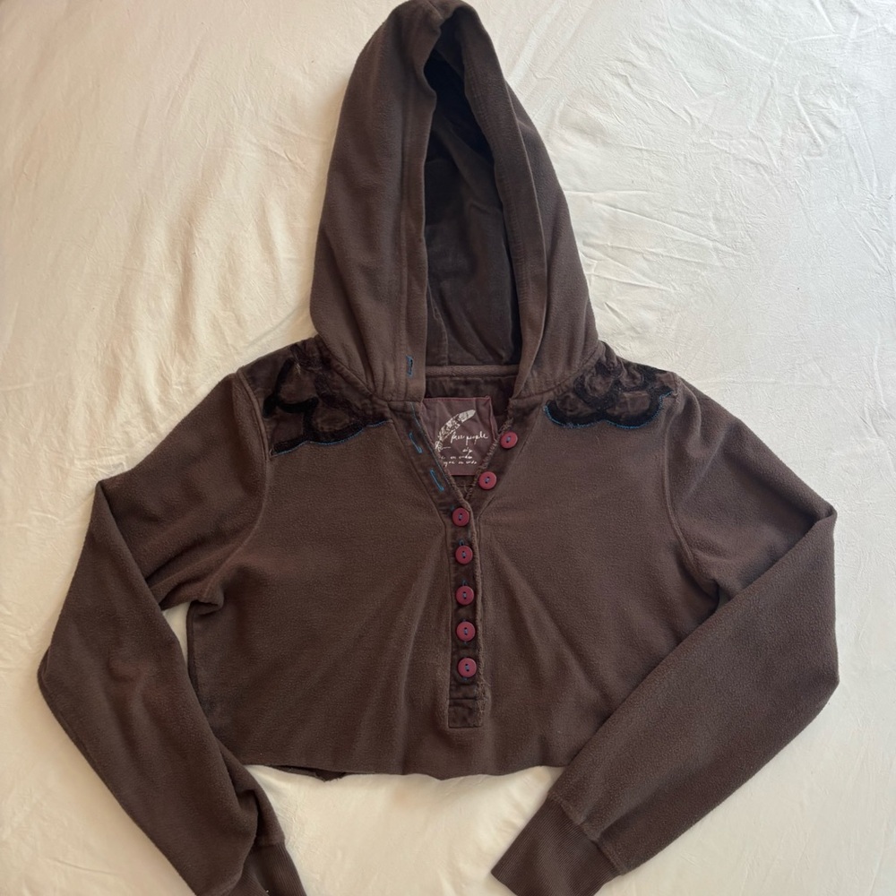 Free People Brown Cropped Hooded Sweatshirt